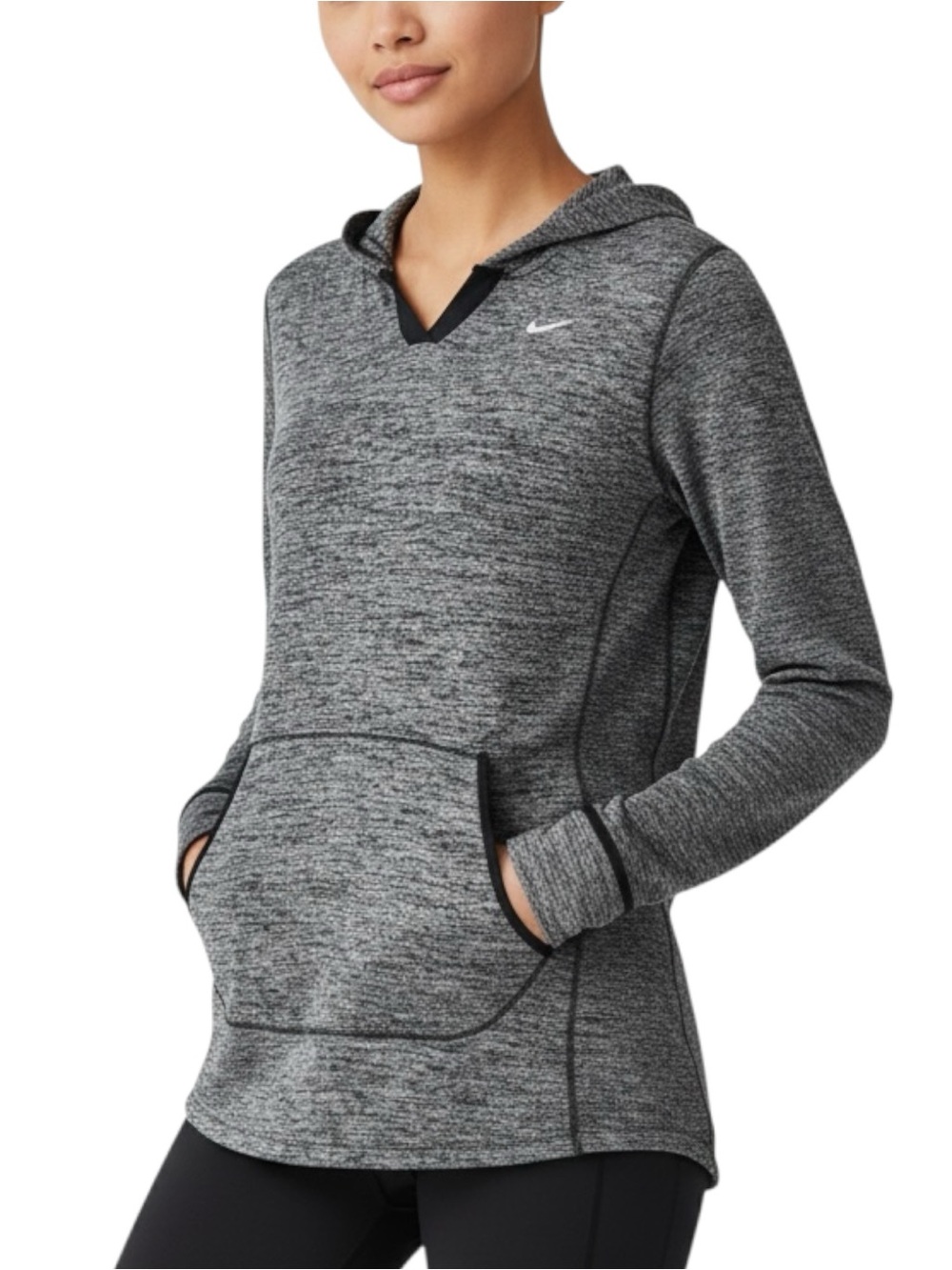 Nike Dri-FIT Running Hoodie Heather Gray Pullover V-Neck Thumbholes Athleisure M
